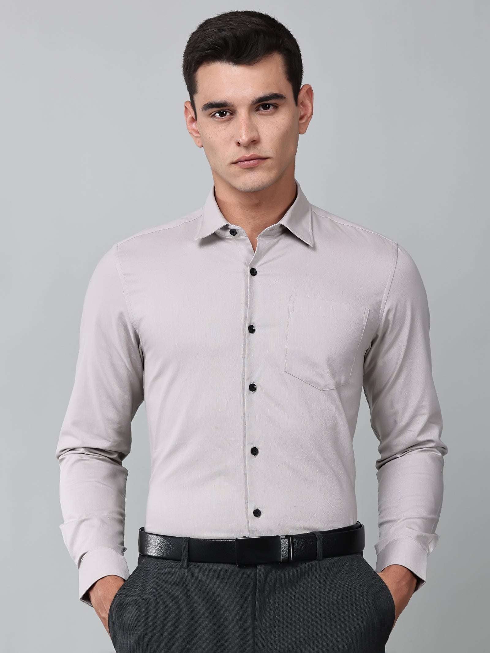 a model wearing a signature textured stretch formal dusk shirt