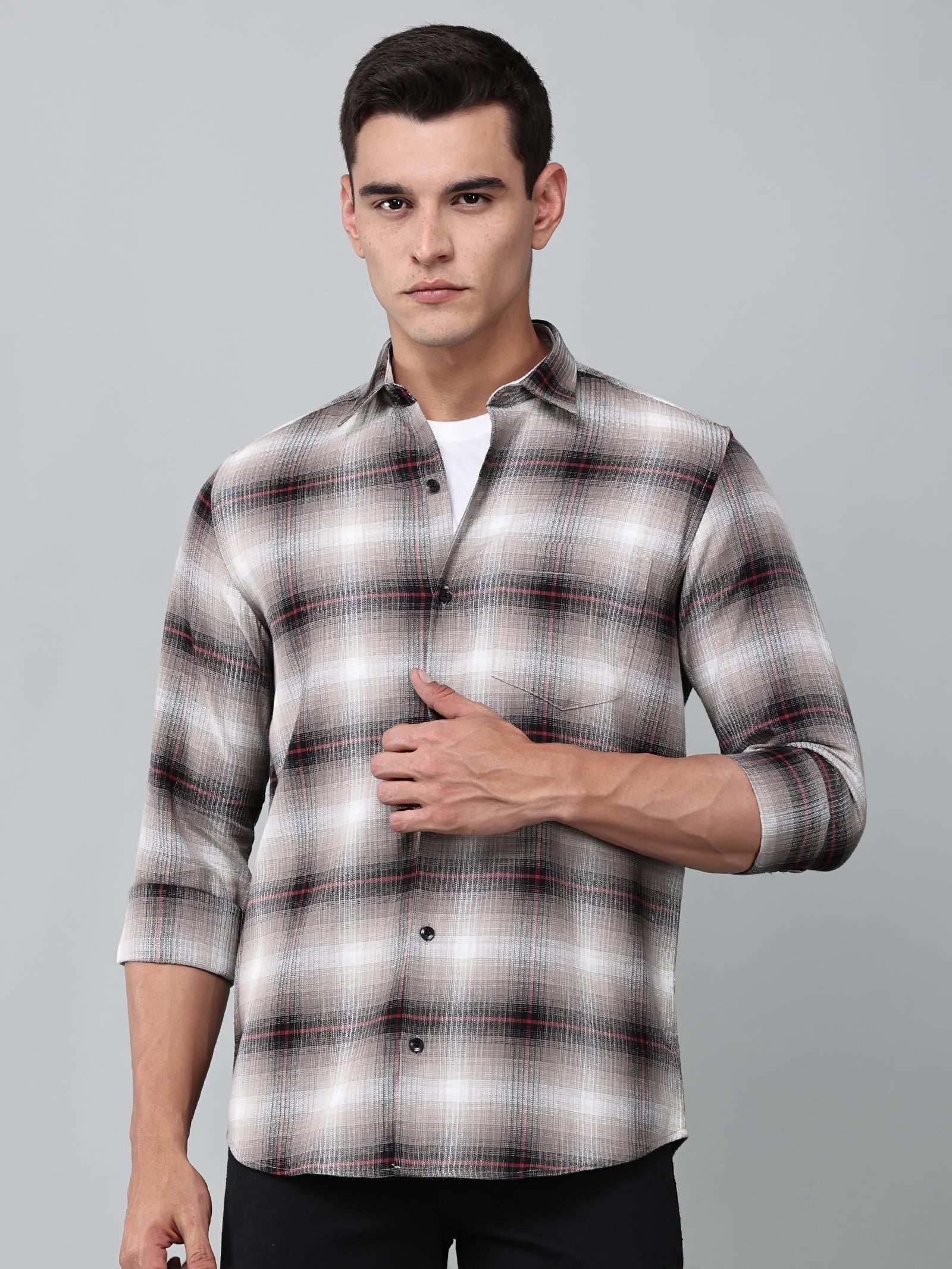 a model wearing a crimson (red) ombre checkered shirt