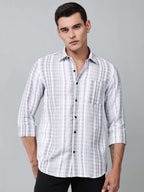 model wearing a white and charcoal textured stripe shirt