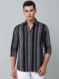 model wearing a noir (black) echo textured stripe shirt 