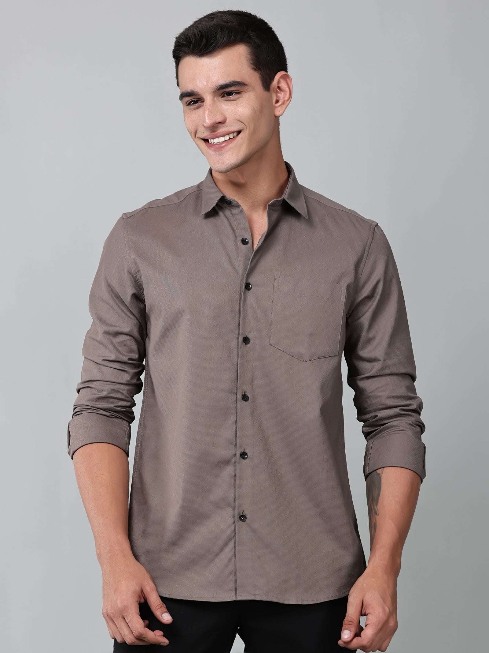 a model wearing a contour textured smoky mauve shirt