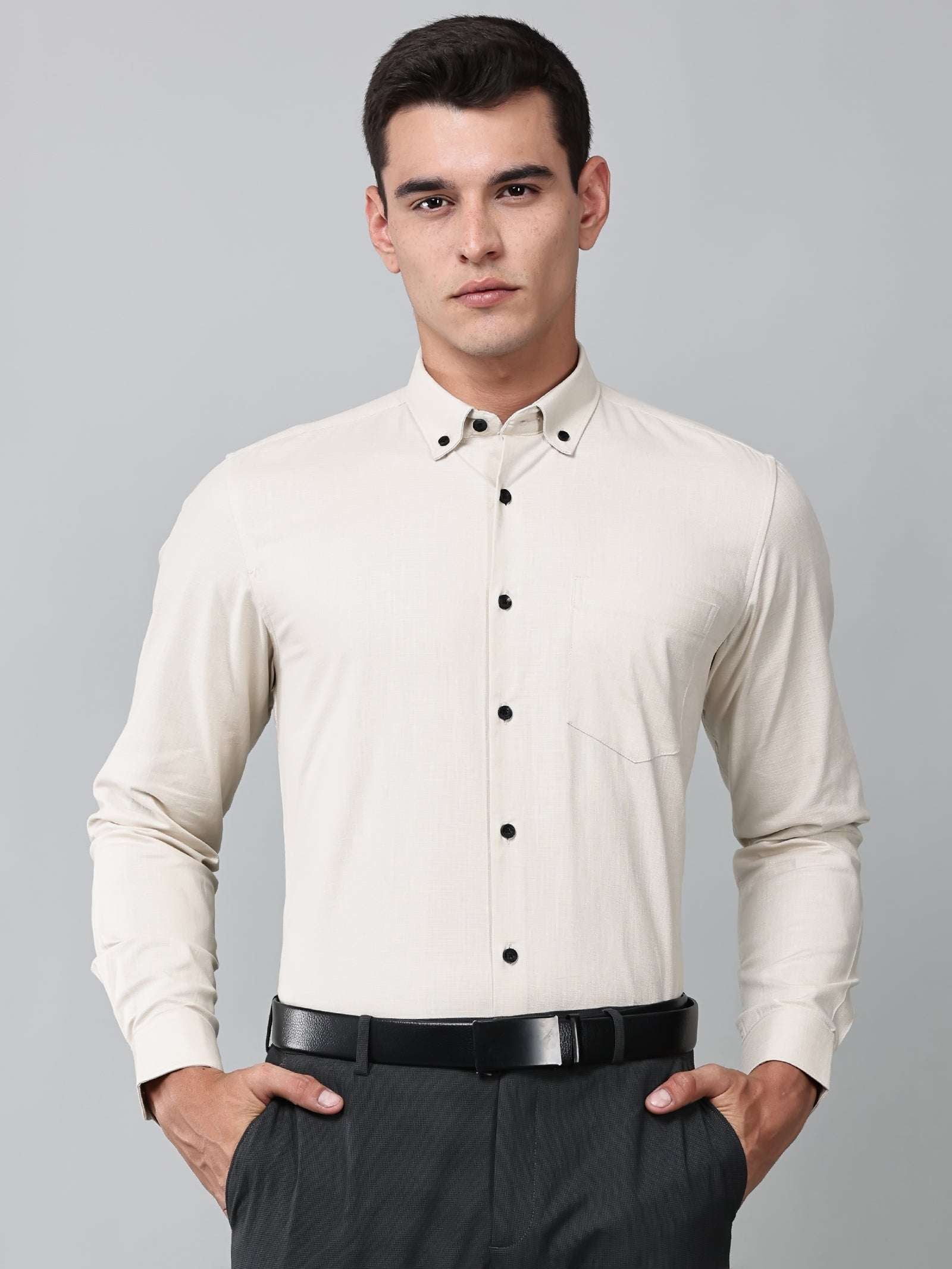 a model wearing a beige heritage linen luxe shirt