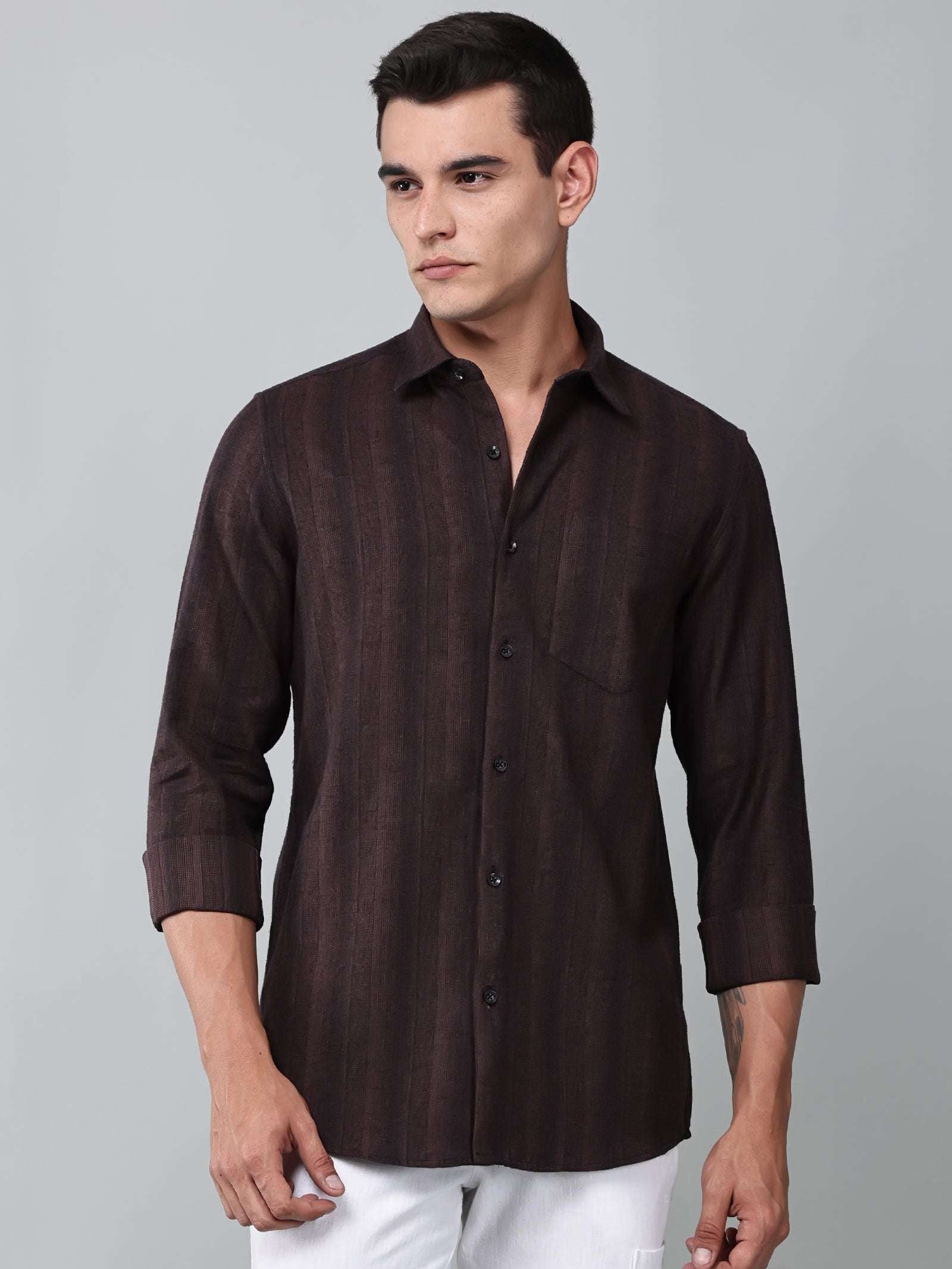 a model wearing a midnight noir (black) maroon shirt