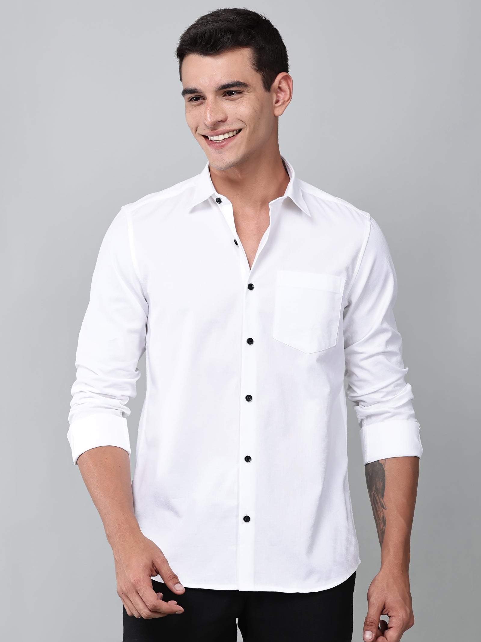 a model wearing a contour textured classy white shirt