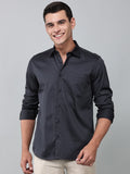 model wearing a luxe satin charcoal grey shirt