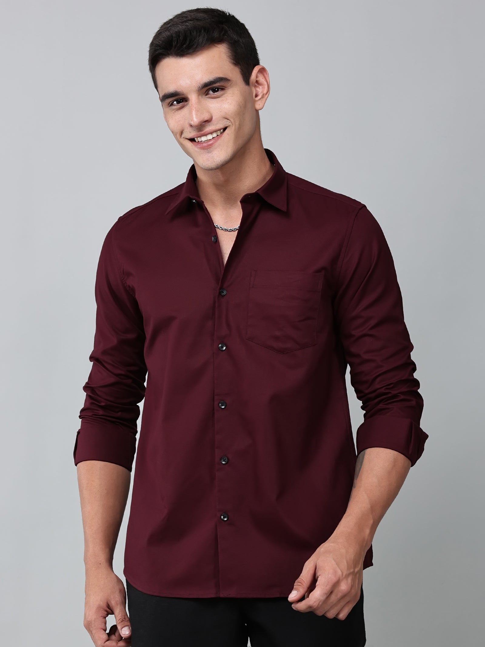 a model wearing a contour textured cherrywood shirt