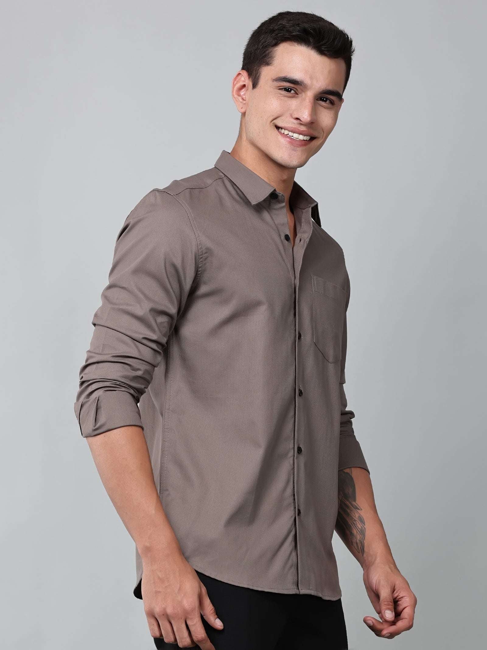 a model wearing a contour textured smoky mauve shirt