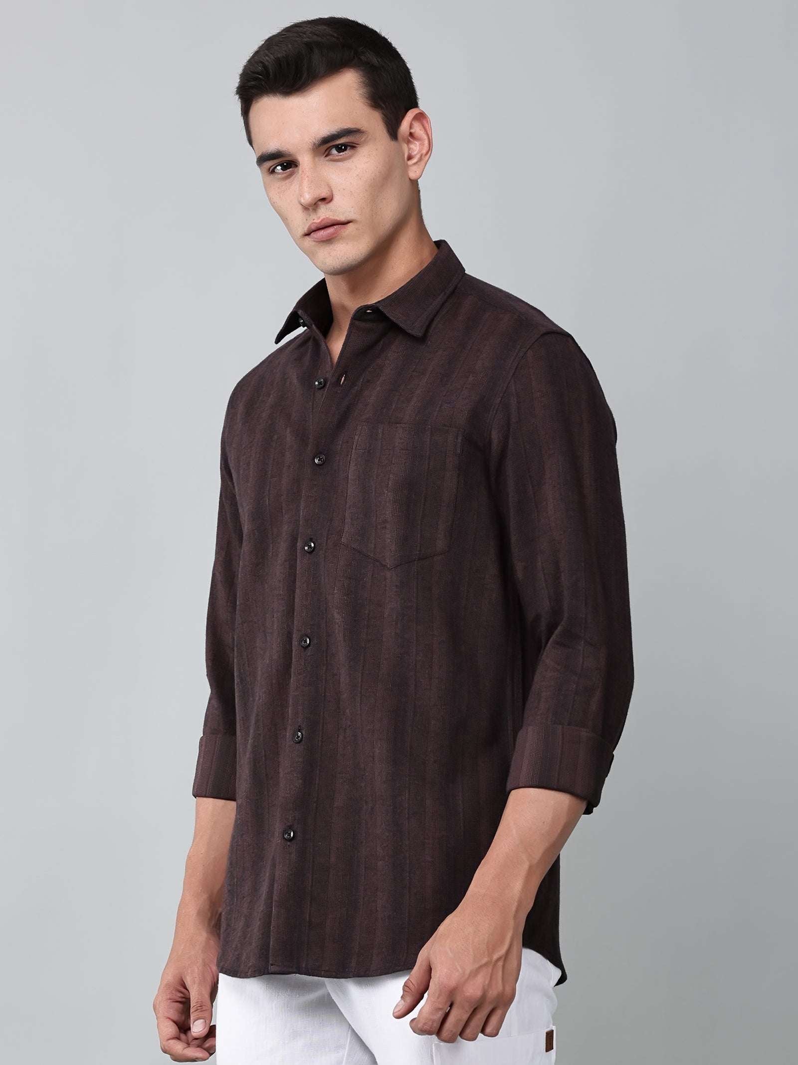 a model wearing a midnight noir (black) maroon shirt