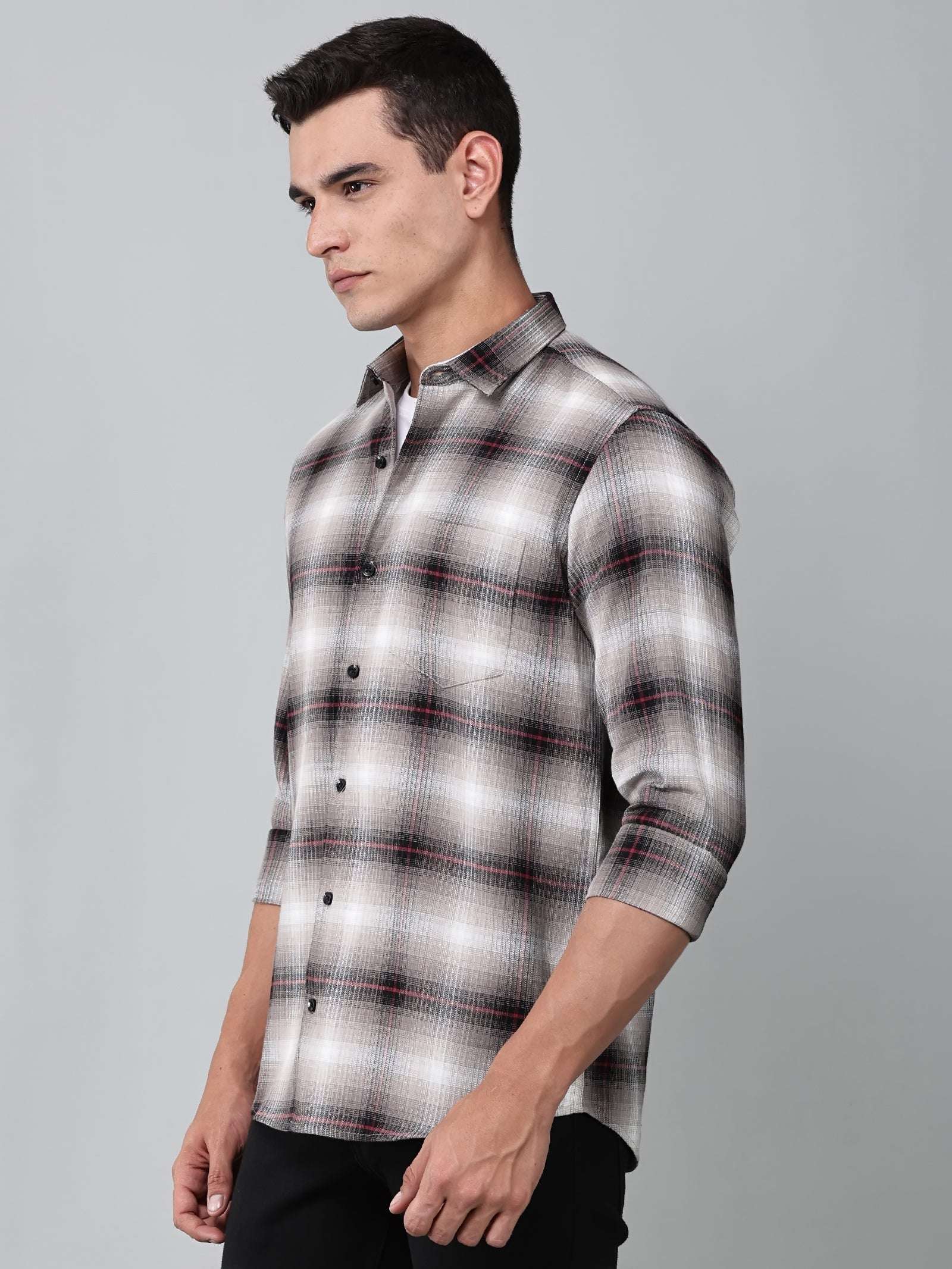 a model wearing a crimson (red) ombre checkered shirt