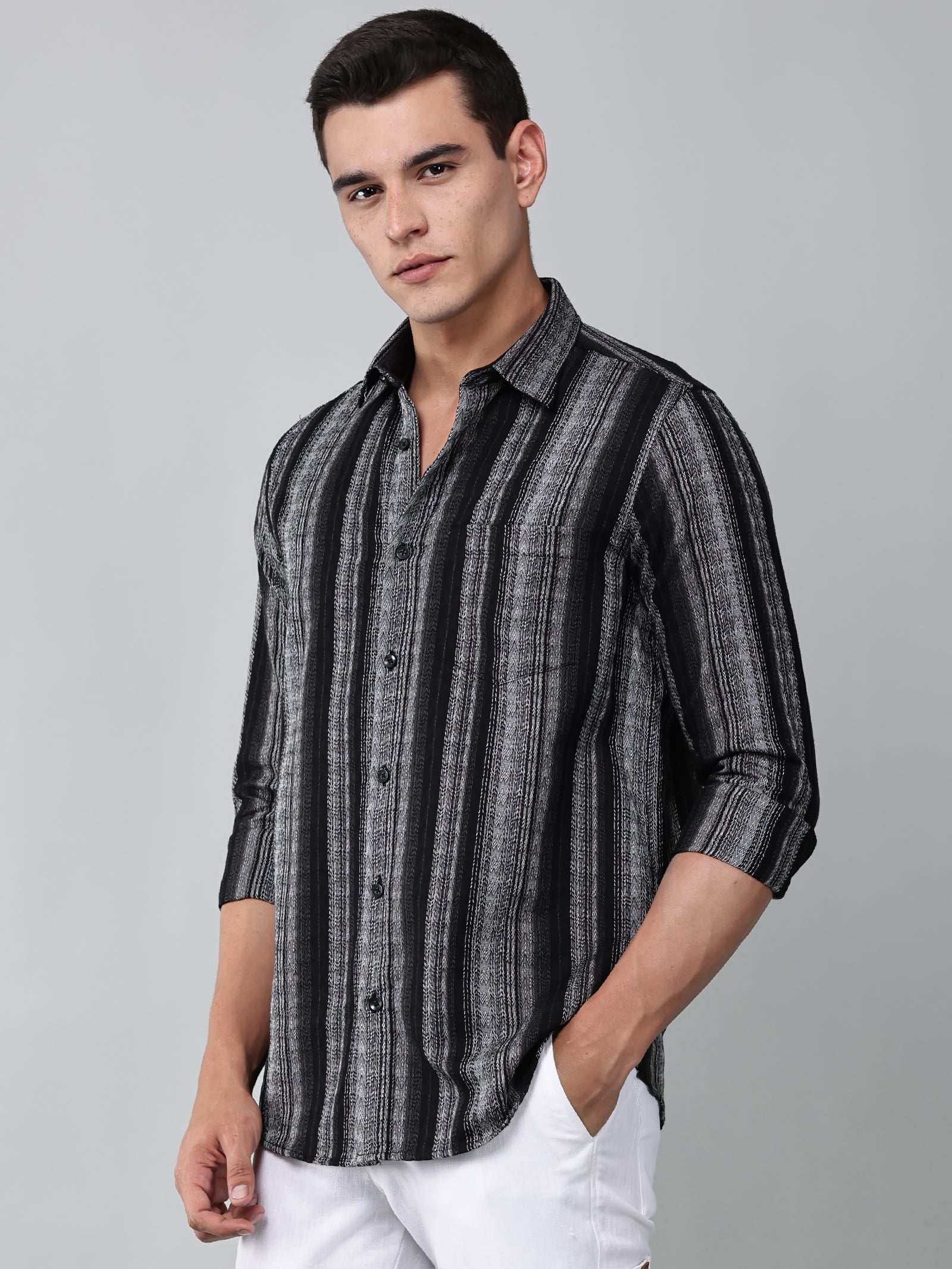model wearing a noir (black) echo textured stripe shirt 