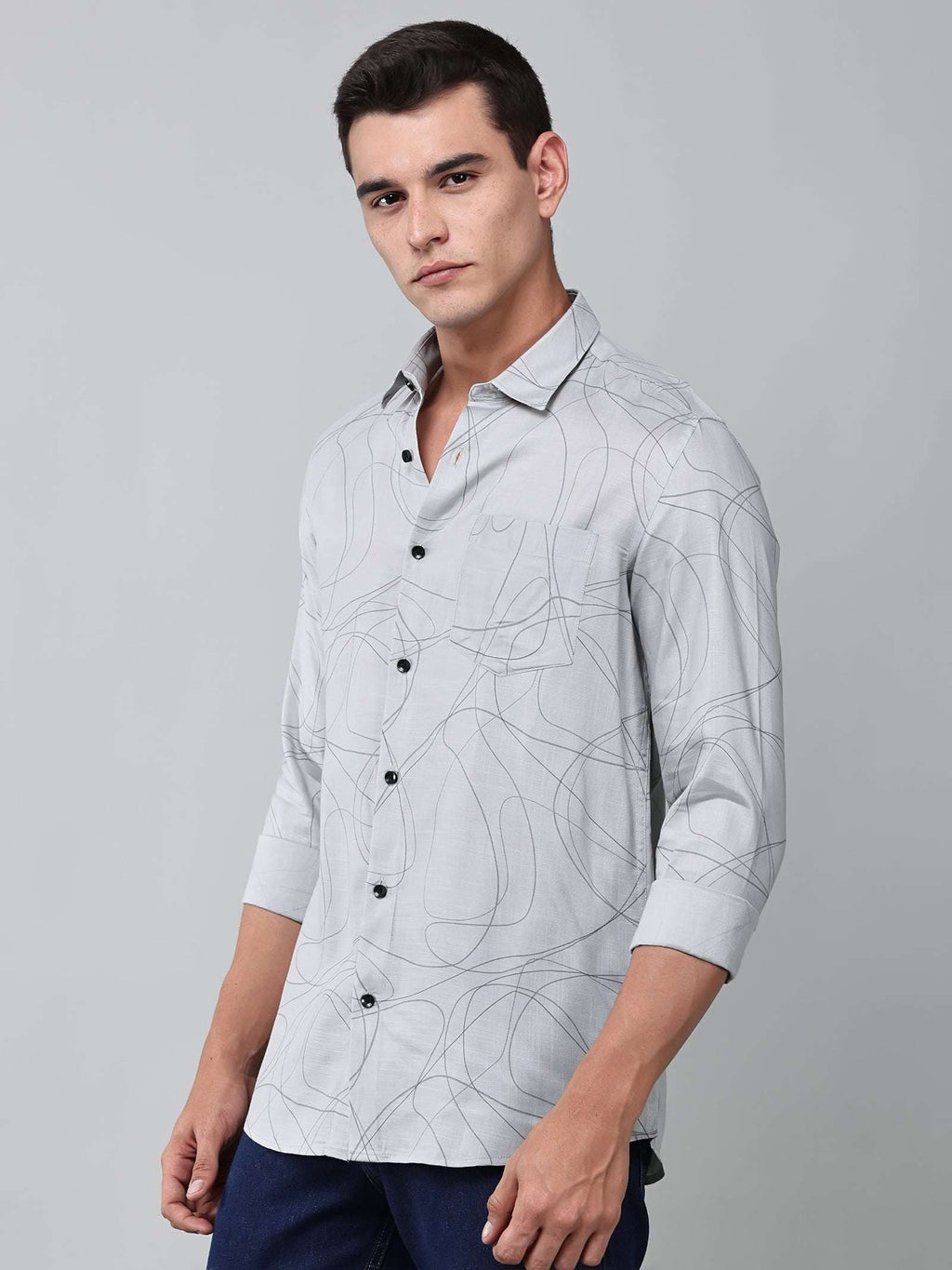 a model wearing a linear drift sketch grey shirt
