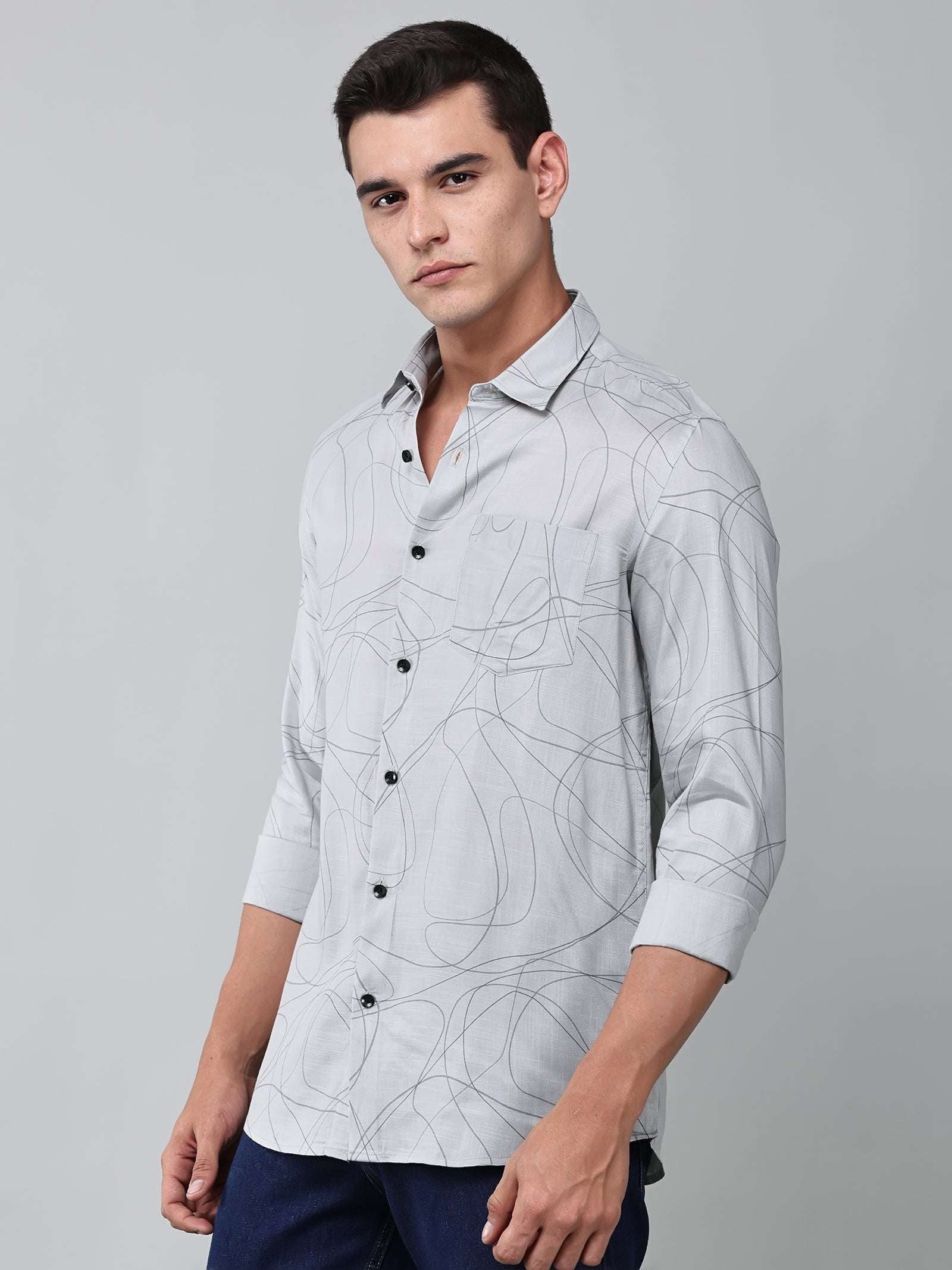 a model wearing a linear drift sketch grey shirt