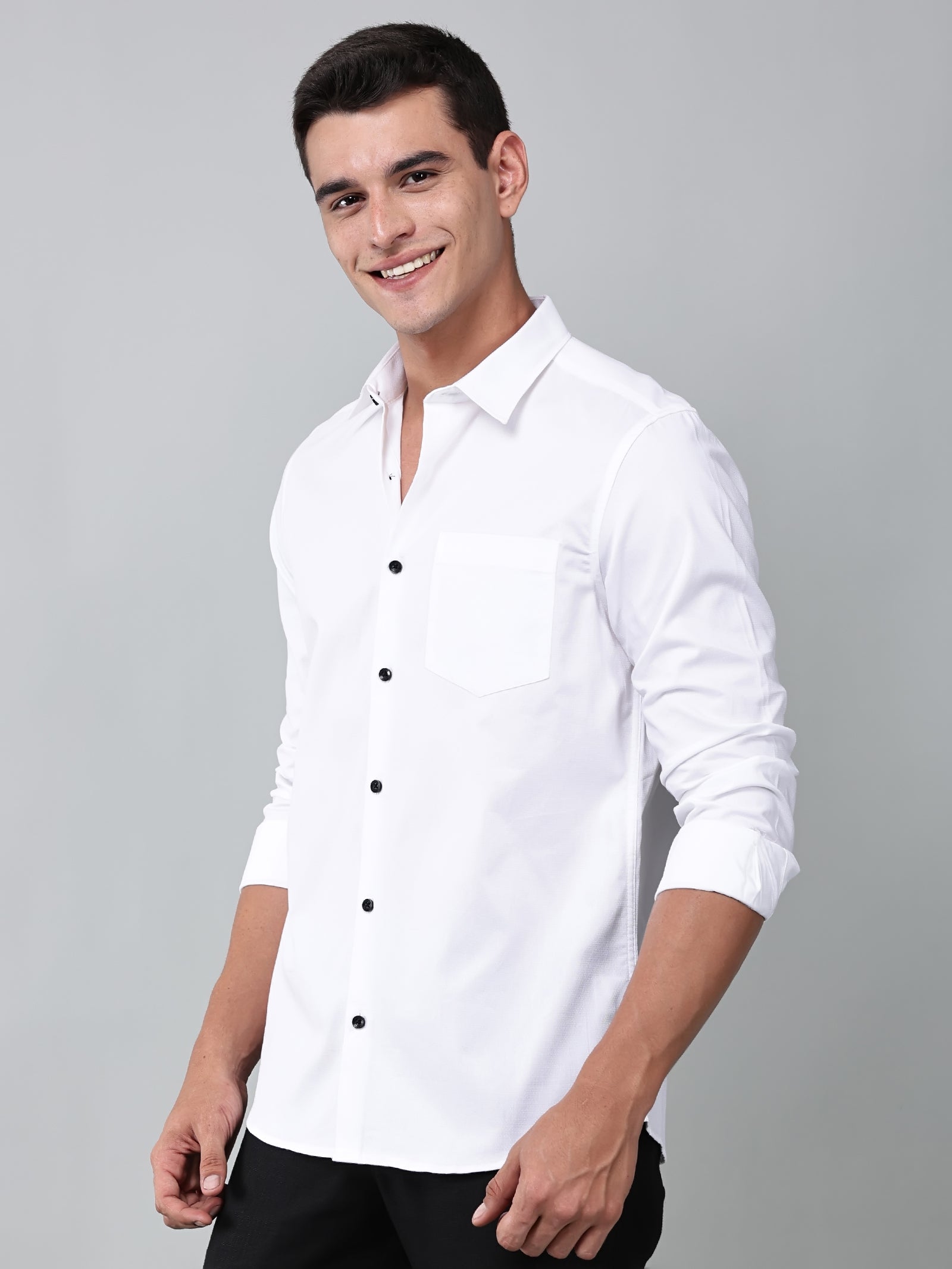 a model wearing a contour textured classy white shirt