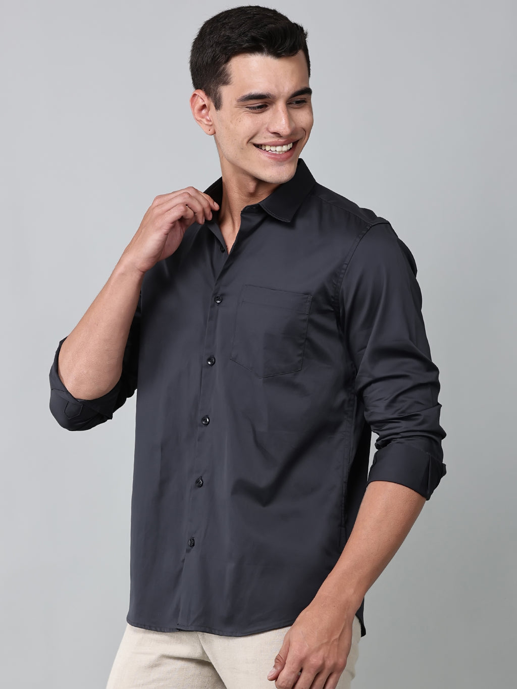 model wearing a luxe satin charcoal grey shirt