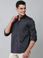 model wearing a luxe satin charcoal grey shirt