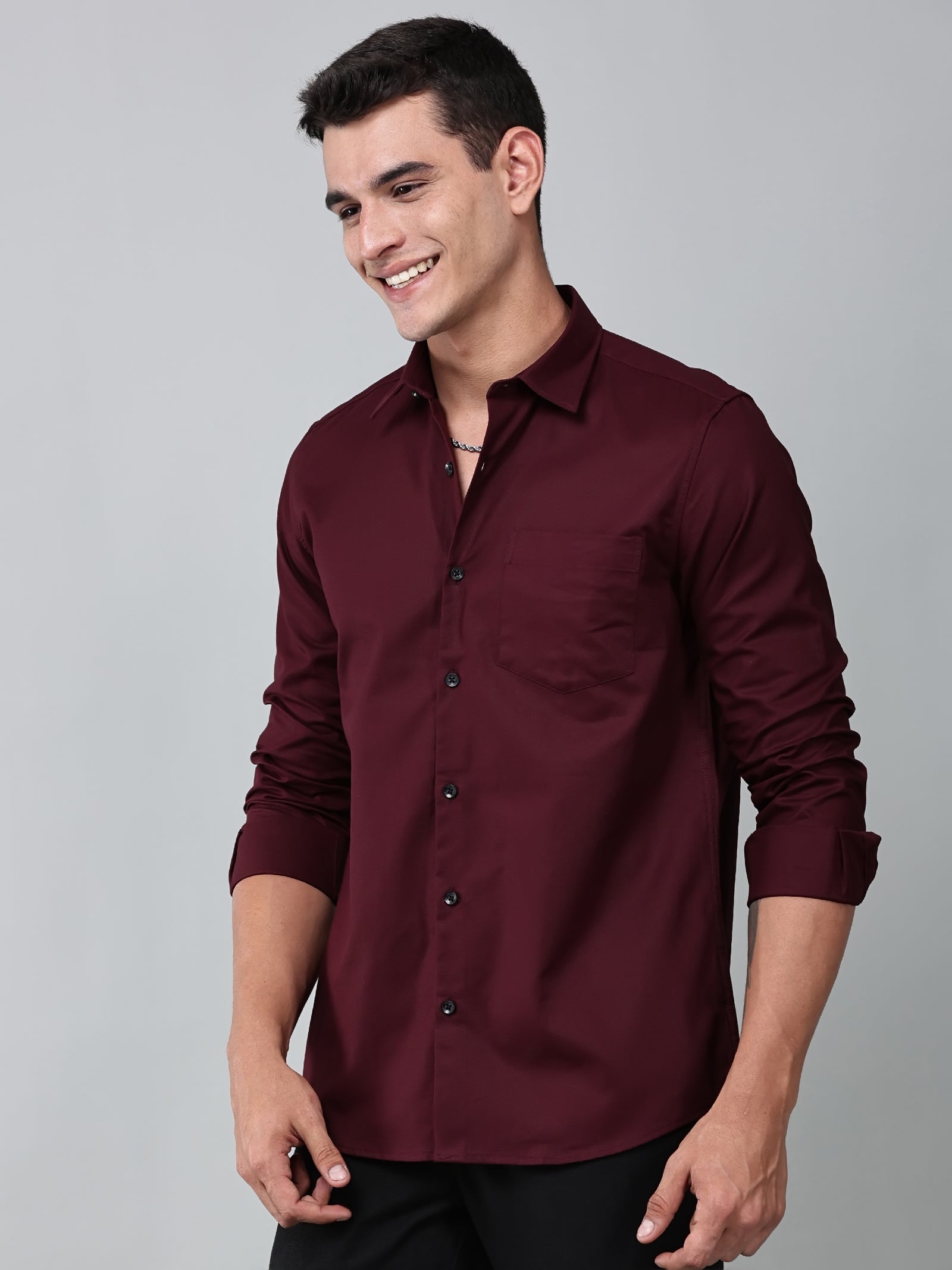 a model wearing a contour textured cherrywood shirt