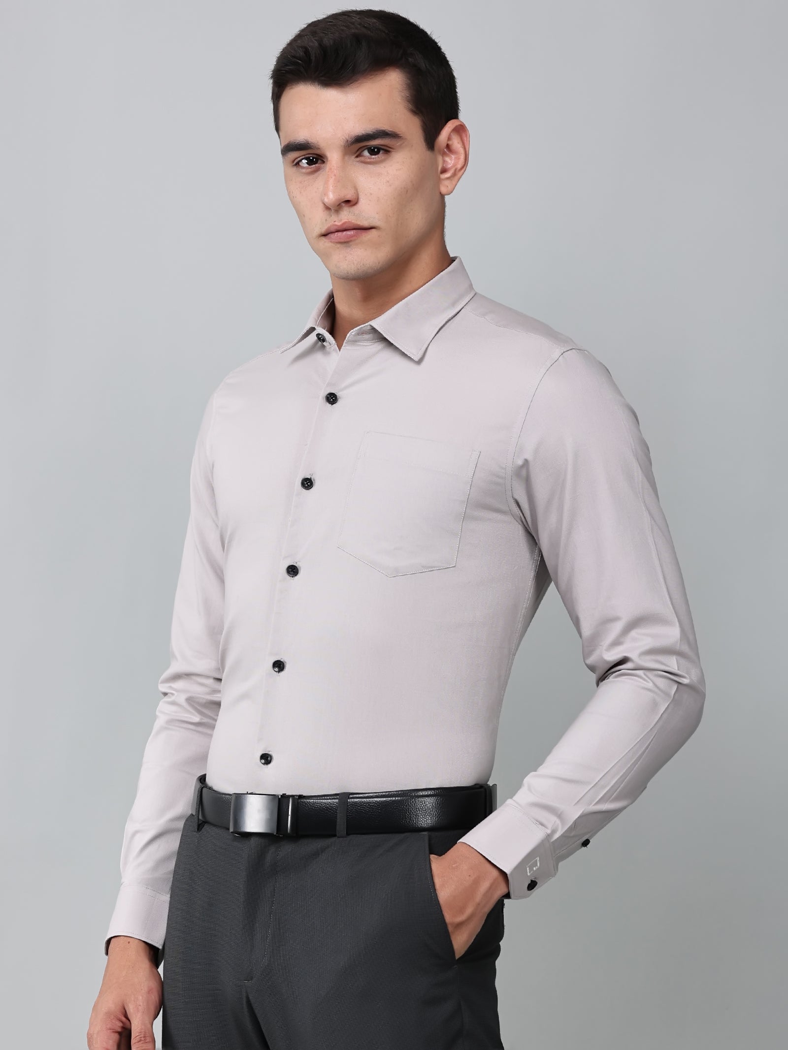 a model wearing a signature textured stretch formal dusk shirt