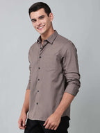 a model wearing a contour textured smoky mauve shirt