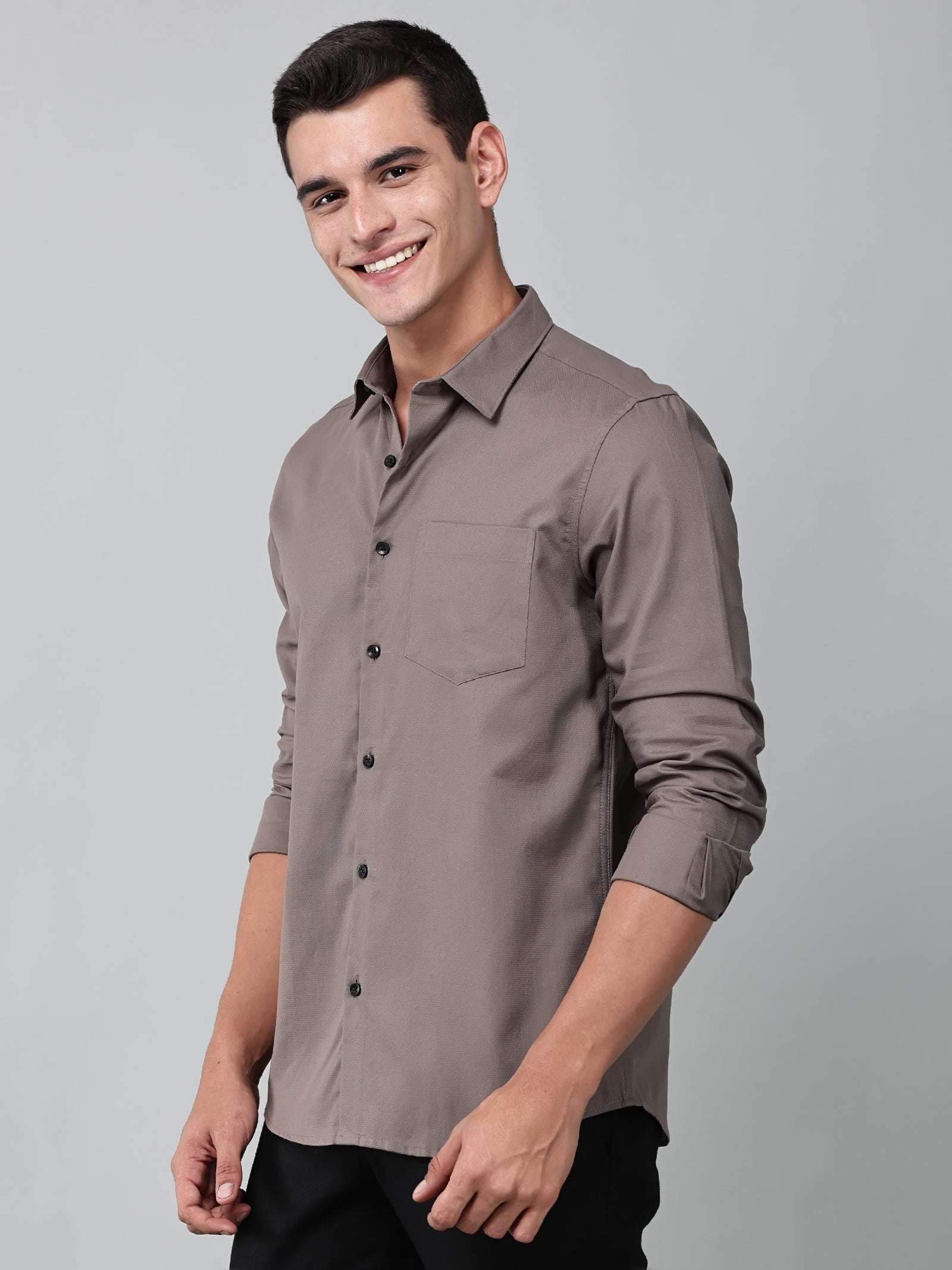 a model wearing a contour textured smoky mauve shirt