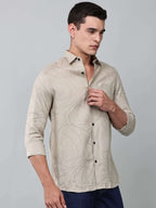 a model wearing a linear drift sketch beige shirt