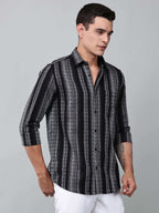 model wearing a noir (black) echo textured stripe shirt 