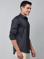 model wearing a luxe satin charcoal grey shirt