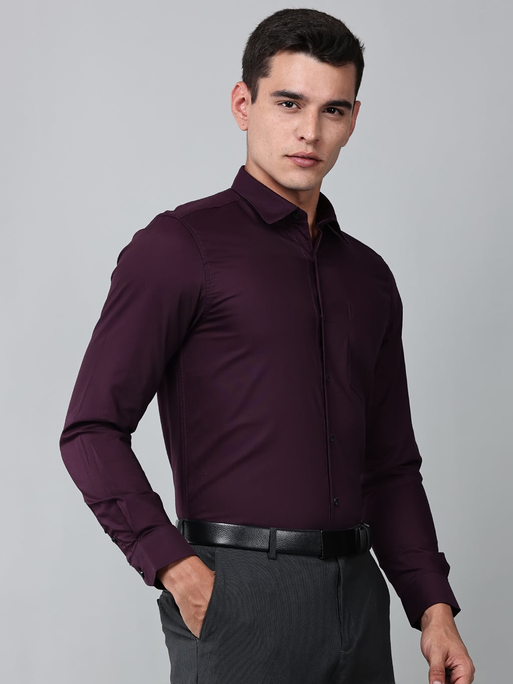 a model wearing a signature textured stretch formal purple shirt