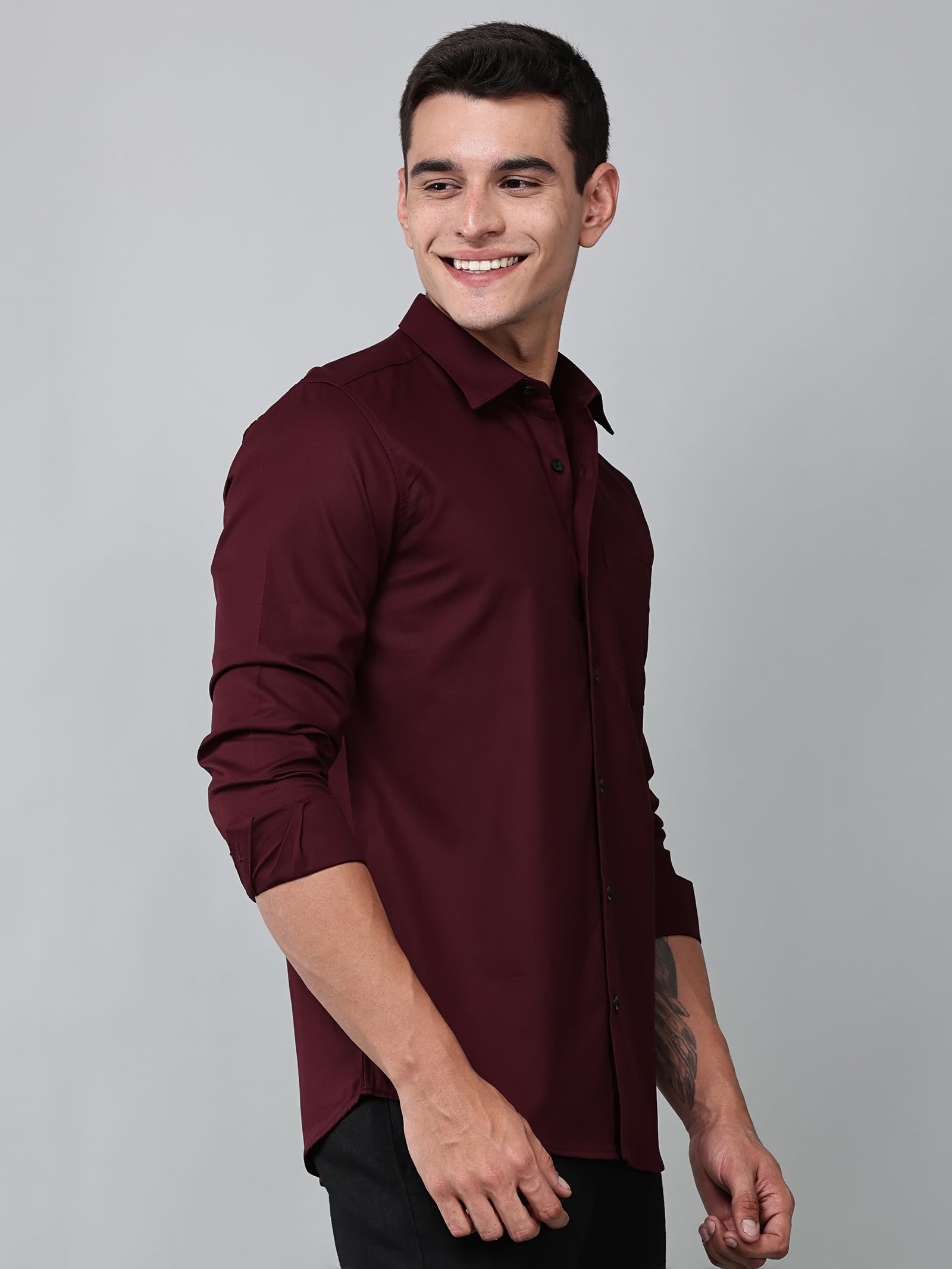 a model wearing a contour textured cherrywood shirt