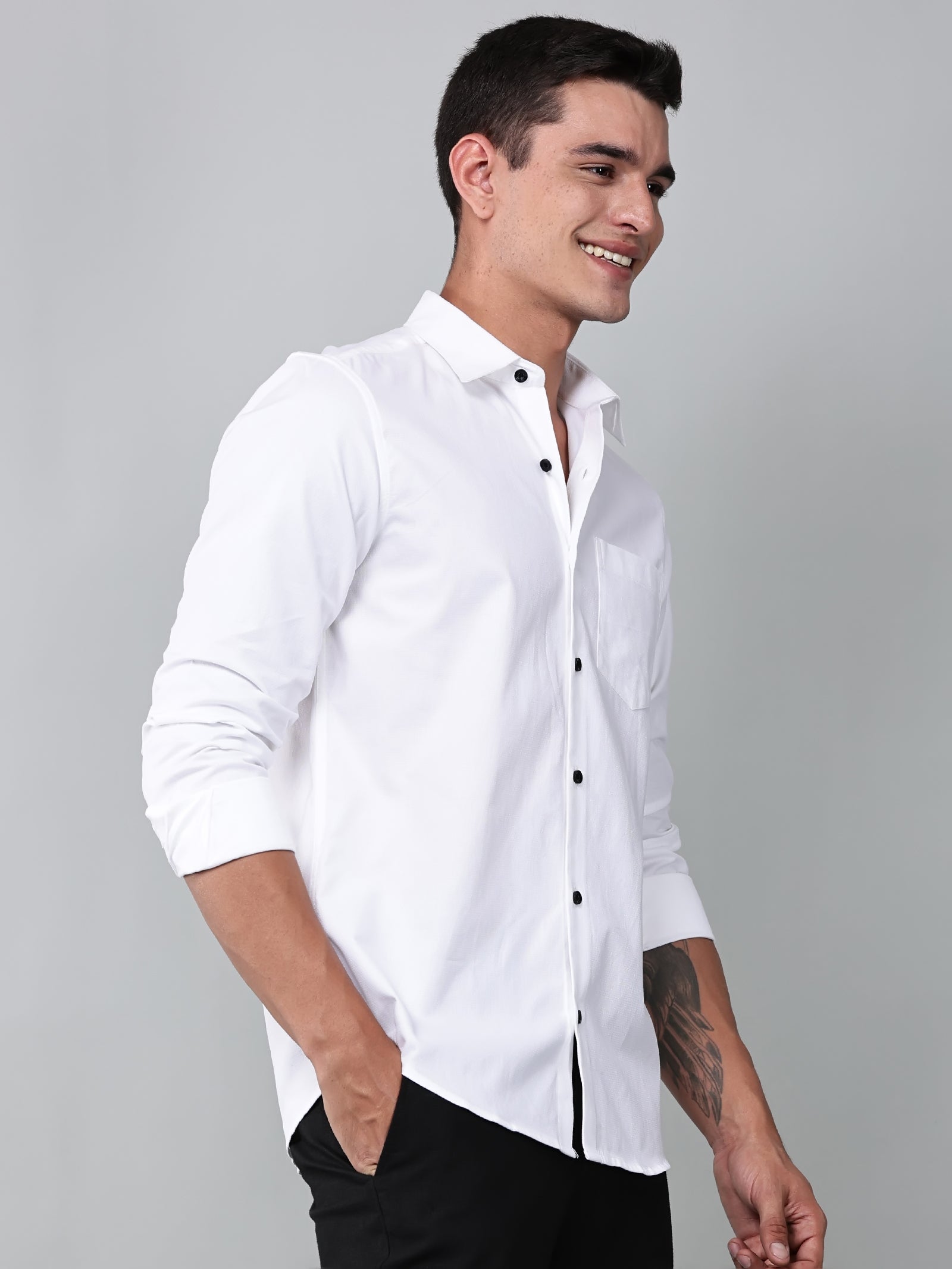 a model wearing a contour textured classy white shirt