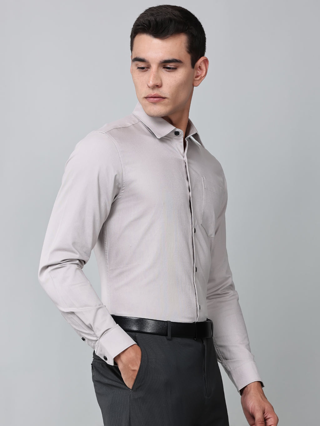 a model wearing a signature textured stretch formal dusk shirt