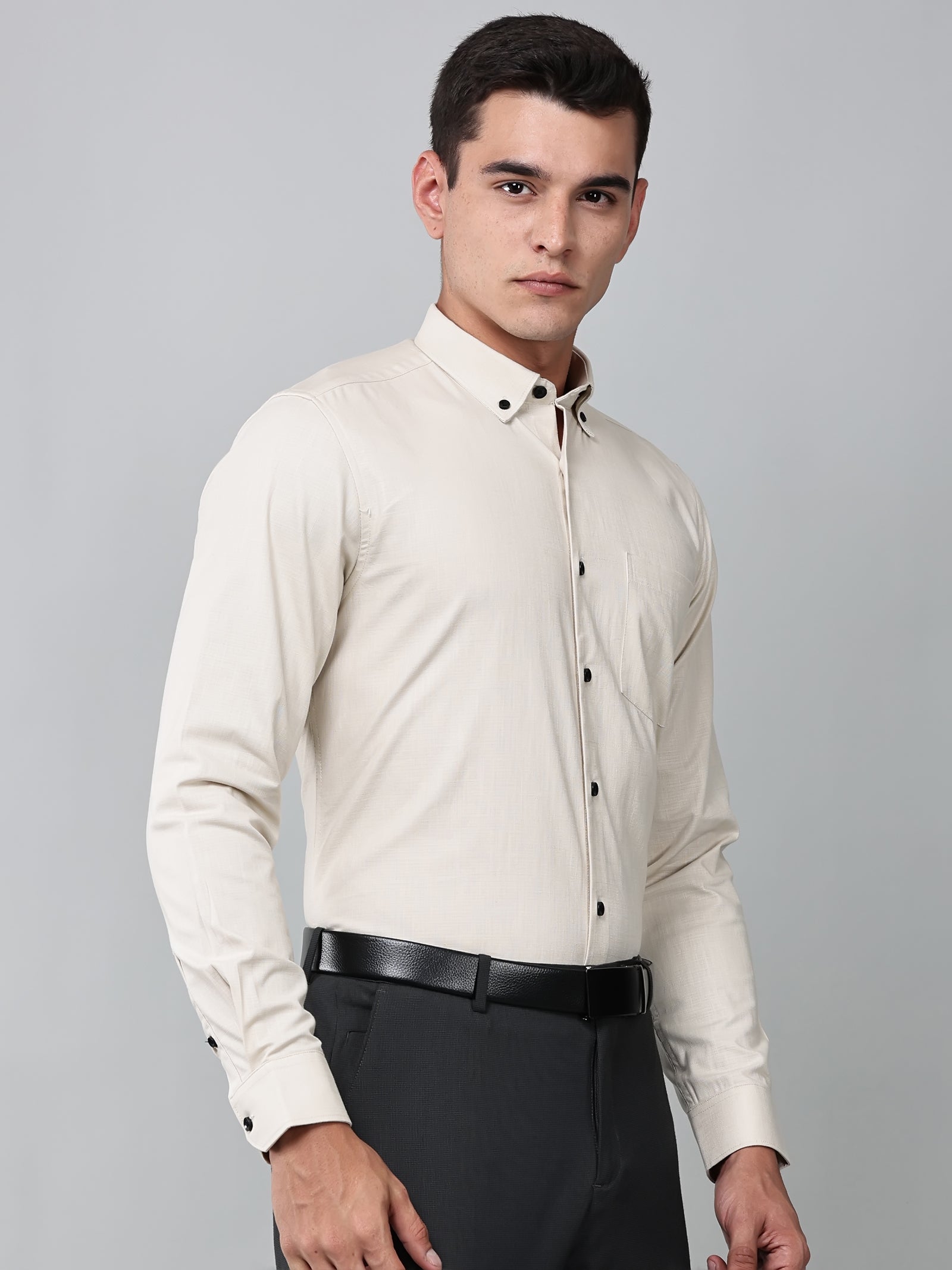 a model wearing a beige heritage linen luxe shirt