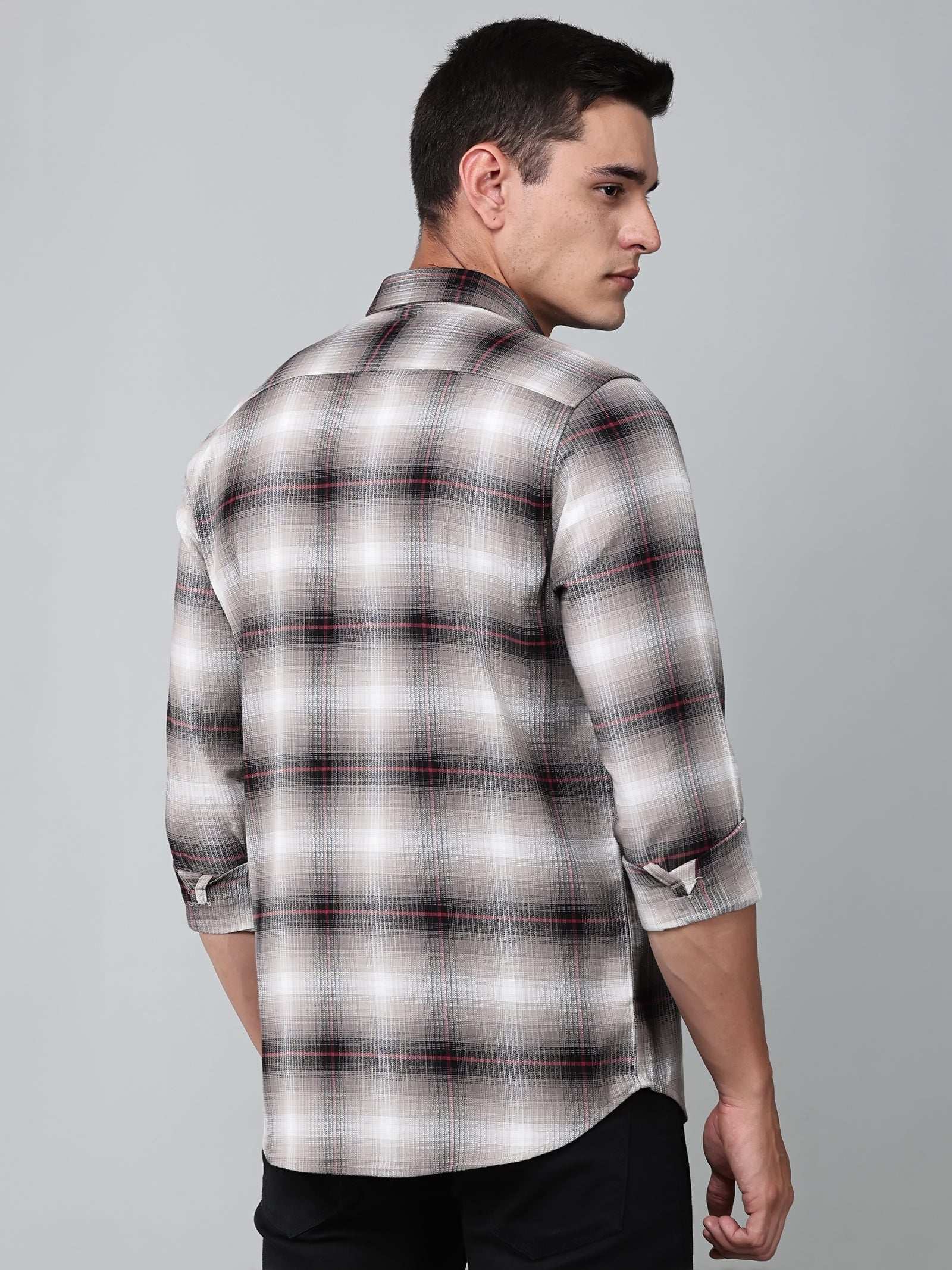 a model wearing a crimson (red) ombre checkered shirt
