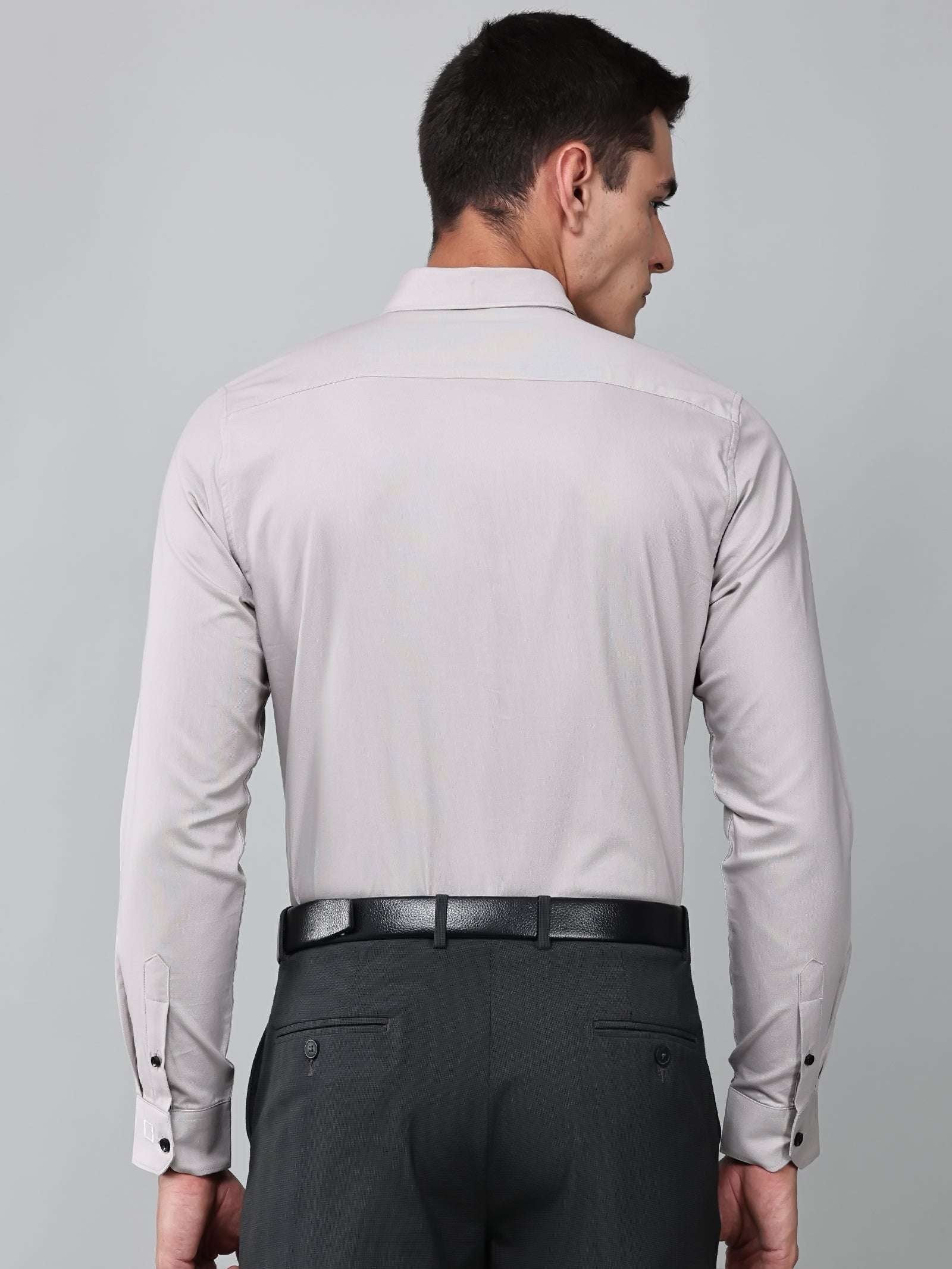 a model wearing a signature textured stretch formal dusk shirt