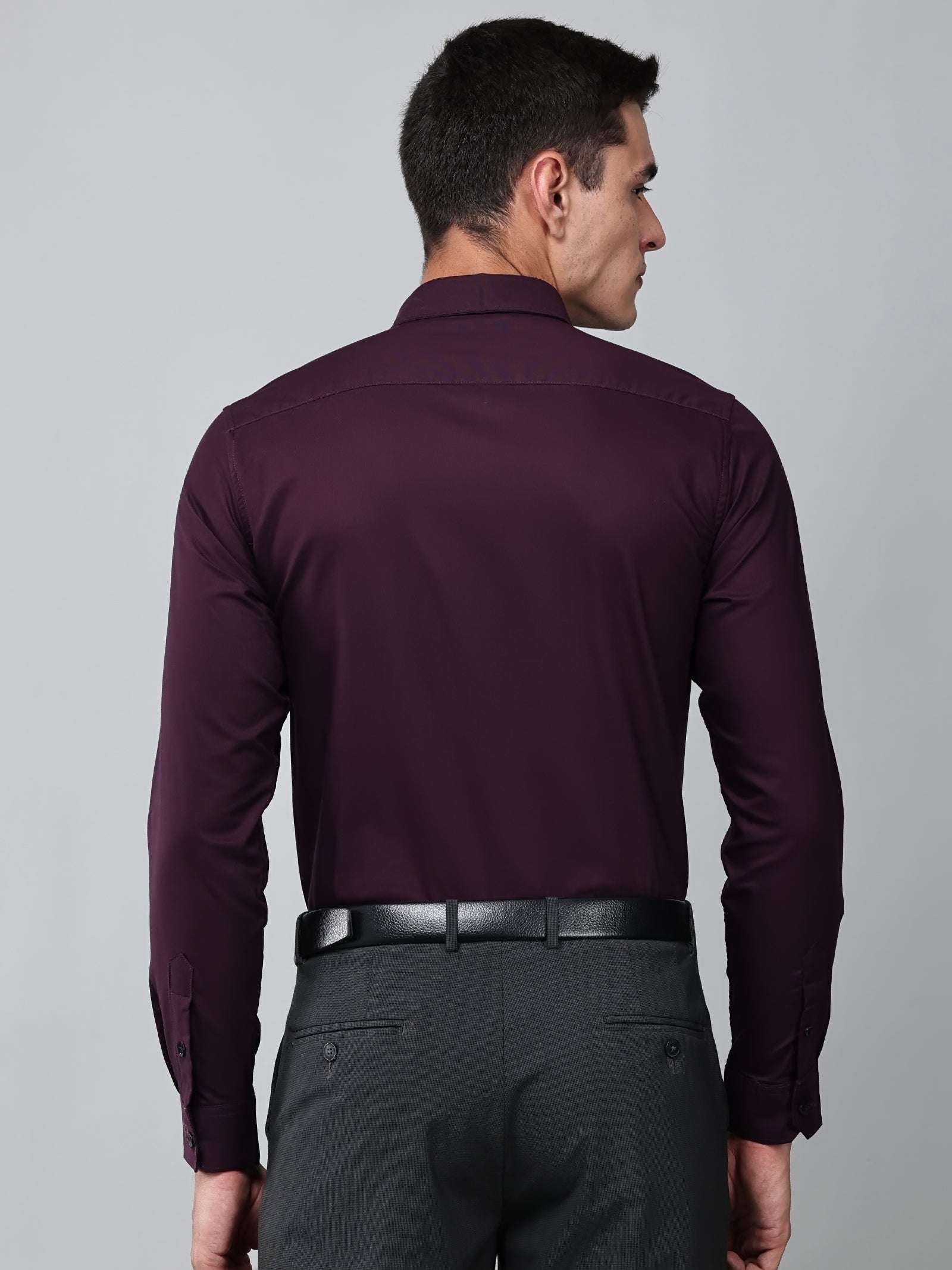 a model wearing a signature textured stretch formal purple shirt