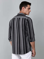 model wearing a noir (black) echo textured stripe shirt