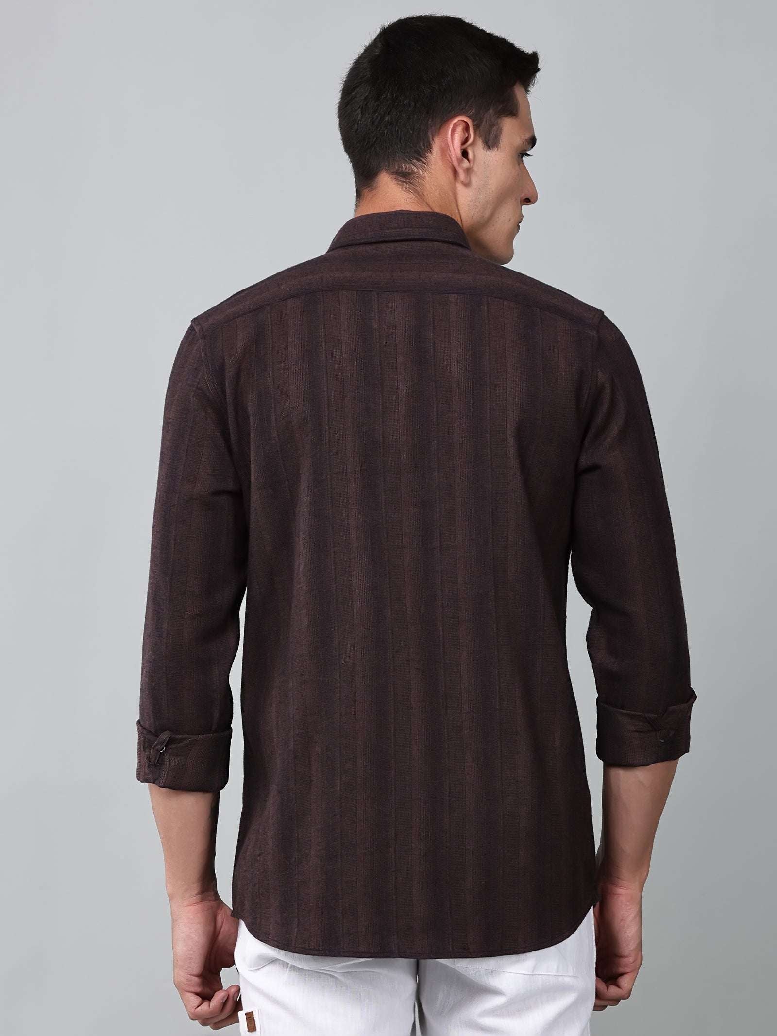 a model wearing a midnight noir (black) maroon shirt