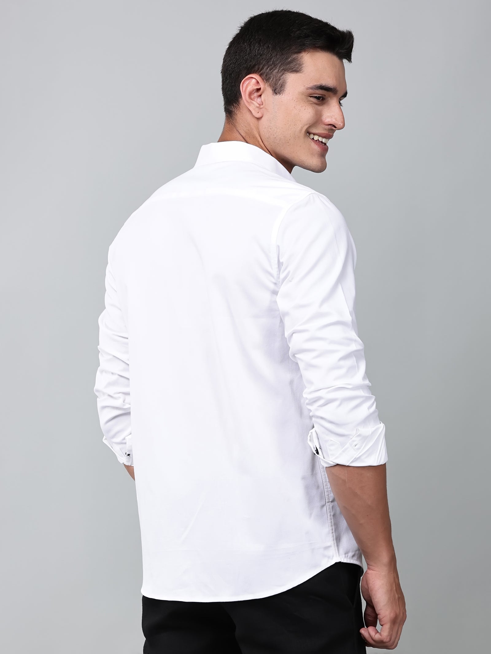 a model wearing a contour textured classy white shirt