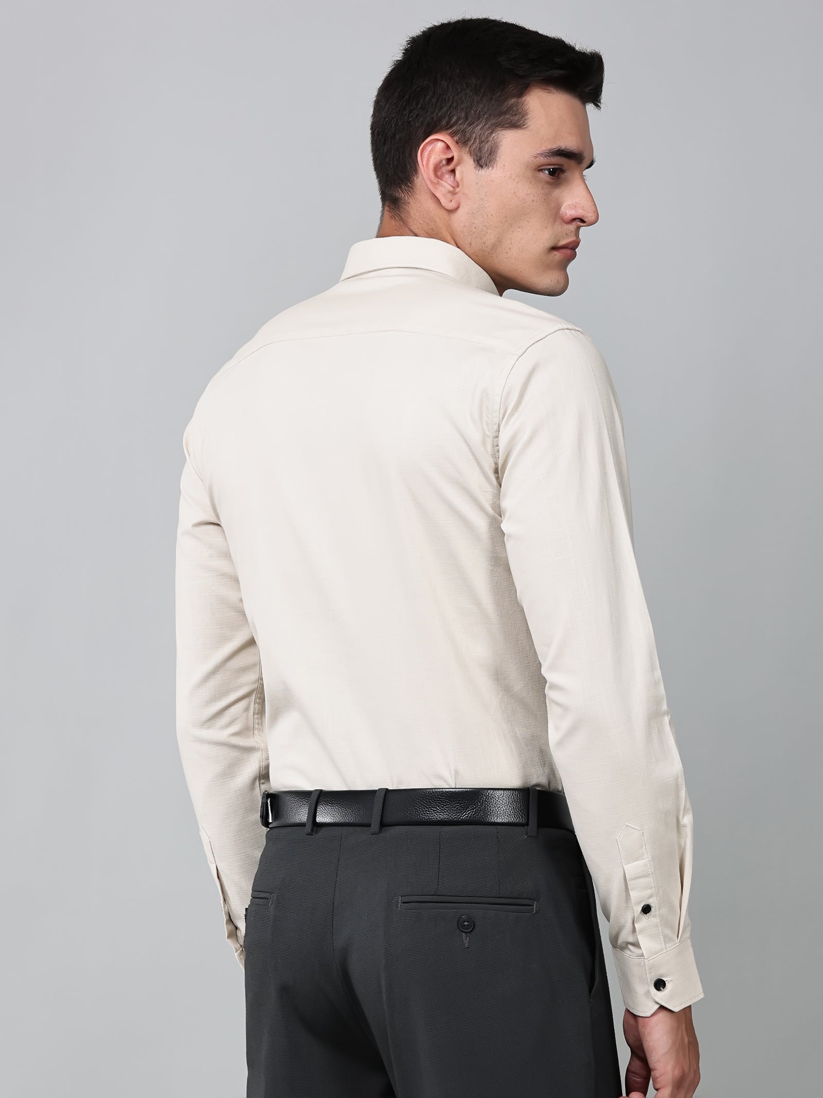a model wearing a beige heritage linen luxe shirt