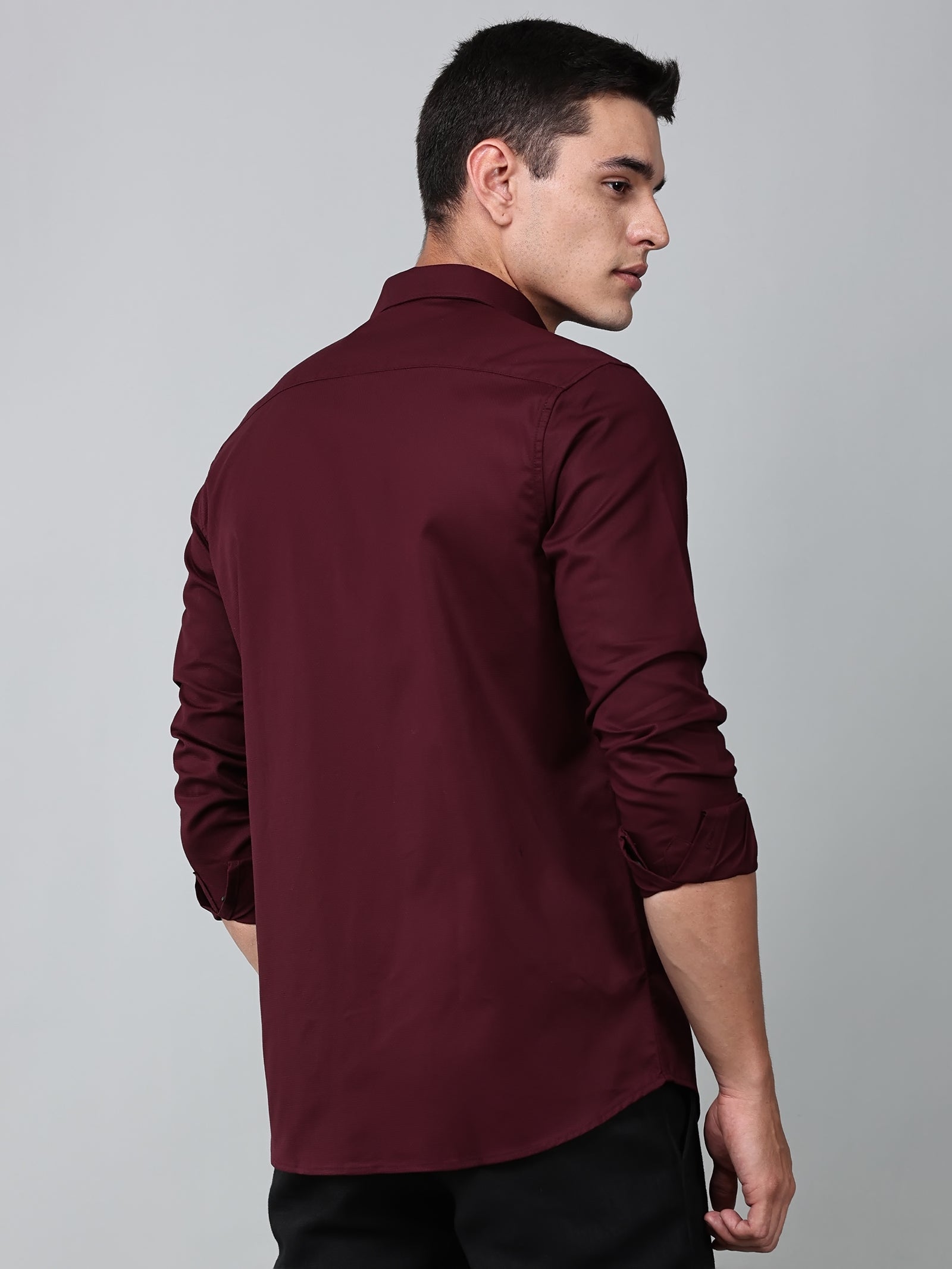 a model wearing a contour textured cherrywood shirt