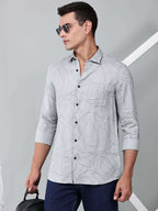 a model wearing a linear drift sketch grey shirt