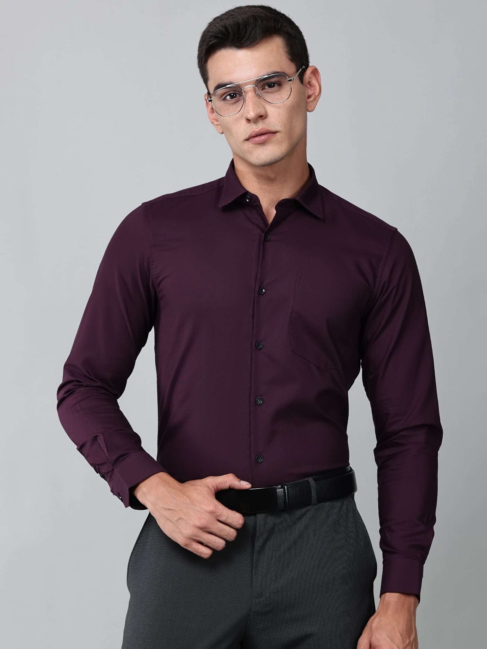 a model wearing a signature textured stretch formal purple shirt