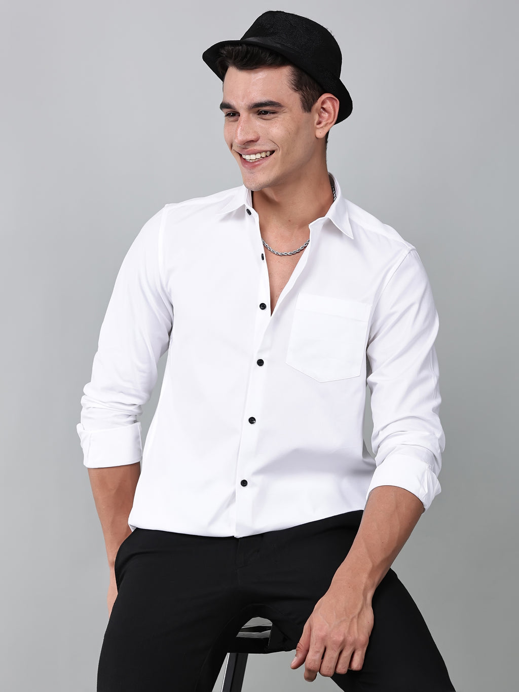 a model wearing a contour textured classy white shirt