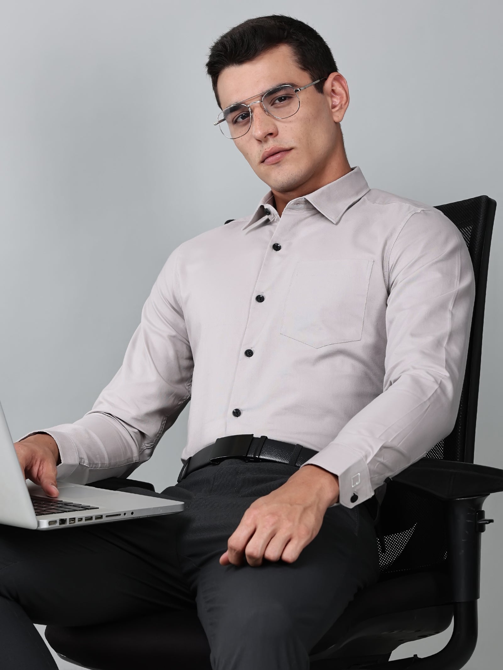 a model wearing a signature textured stretch formal dusk shirt