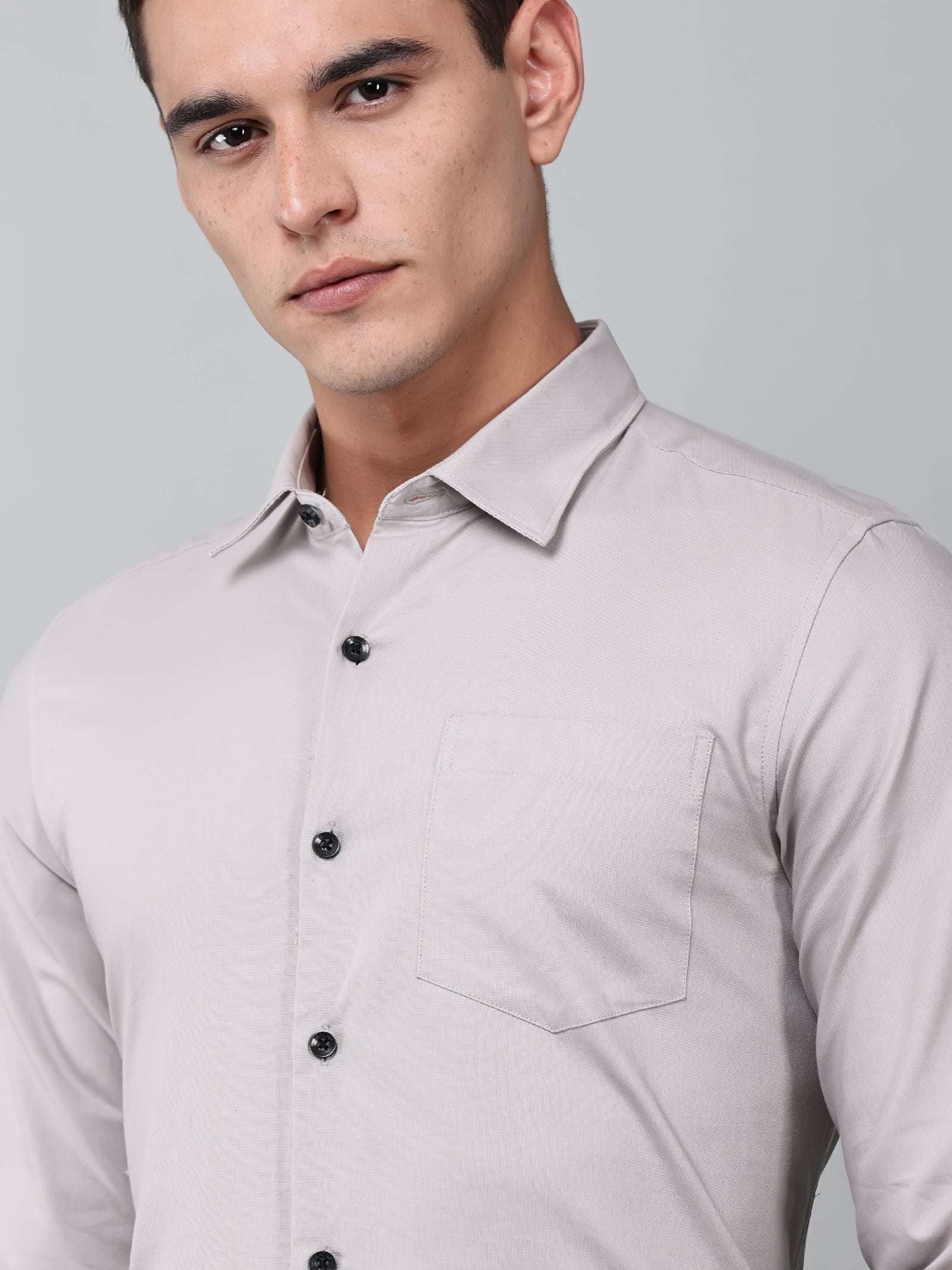 close up shot of a model wearing a signature textured stretch formal dusk shirt