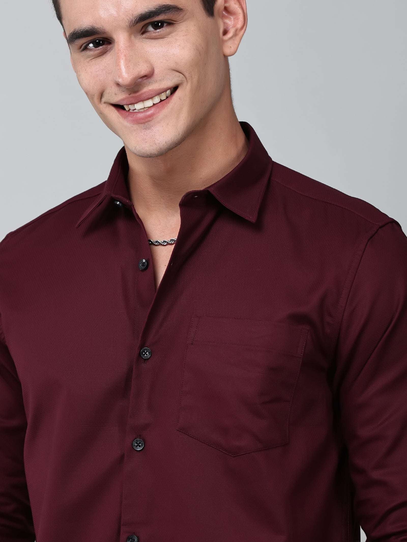close up shot of a model wearing a contour textured cherrywood shirt