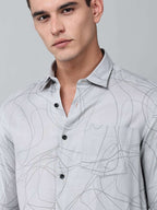 close up shot of a model wearing a linear drift sketch grey shirt