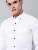close up shot of a model wearing a white heritage linen luxe shirt
