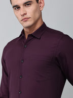 close up shot of a model wearing a signature textured stretch formal purple shirt